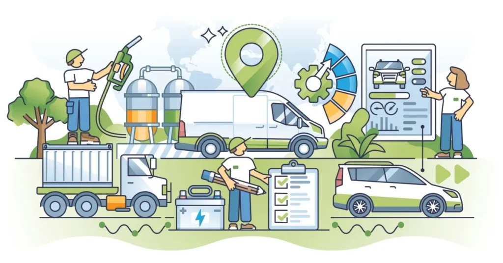 fleet management outline concept with a white background and in the middle there is a dump truck, van, car, table and workers doing various tasks like fueling or writing.