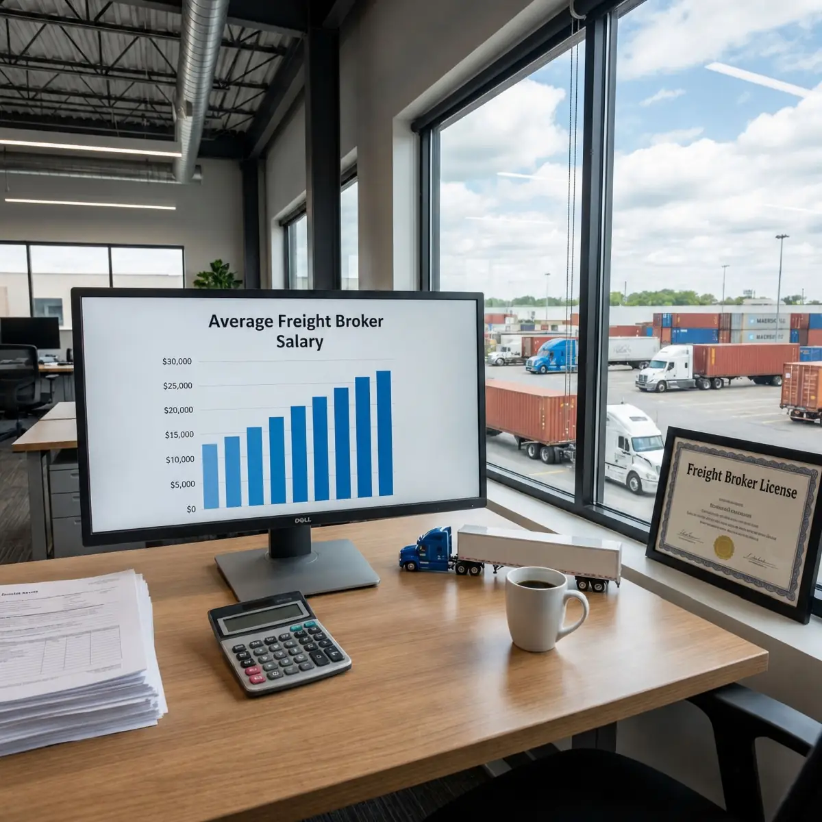 Office desk displaying a freight broker salary chart on a computer monitor with tractor trailers outside window.